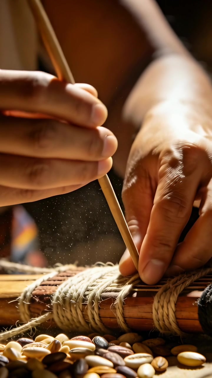 Video verticale: Punteruolo in posizione che spinge mani nude in un telaio a bacchette su un tavolo per stringere corde e semi