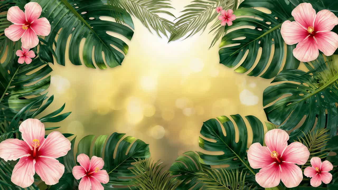 Zoom sul frame tropicale che si sposta verso l'interno a destra, rivelando monstera, palma, ibisco, bokeh dorato
