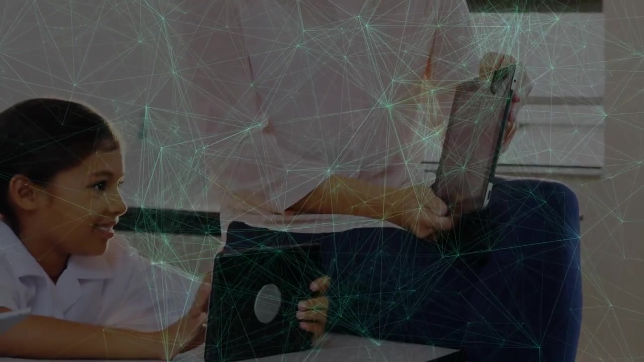 Animation of network of connections over caucasian teacher using tablet with schoolgirl