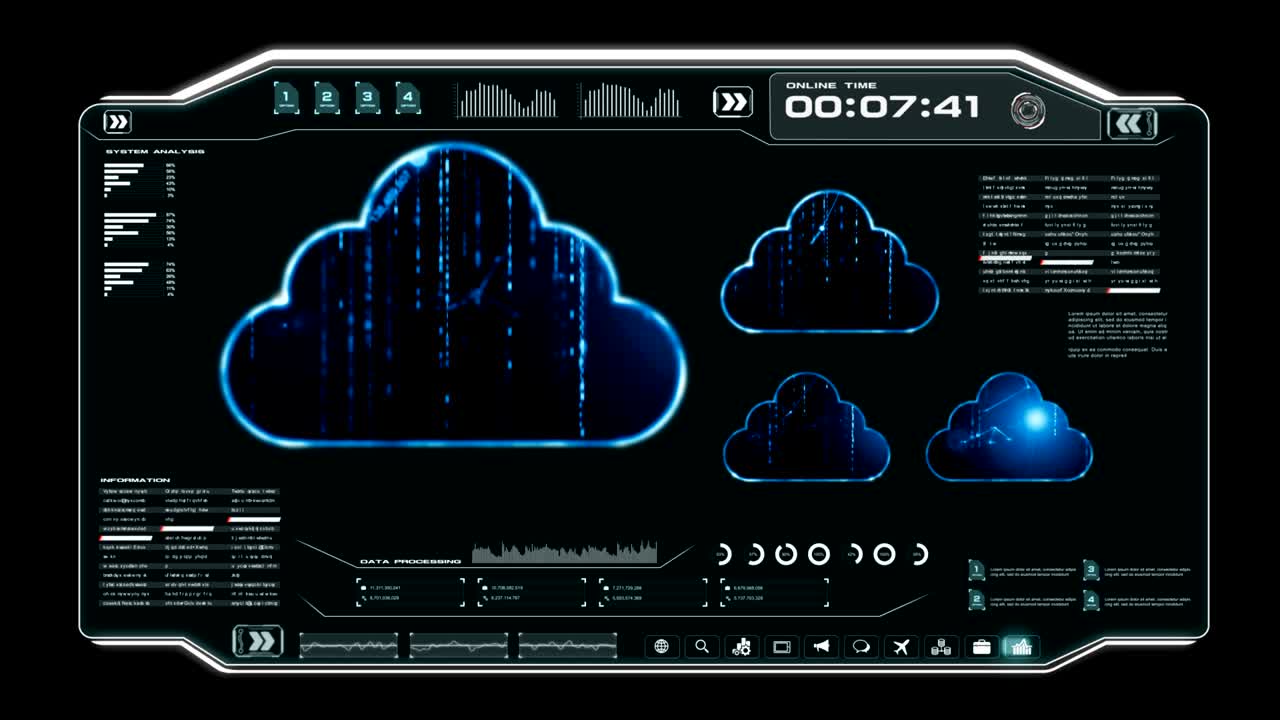 4K Animation UI User Interface with cloud computer data HUD pi bar text box table and element on dark abstract background for futuristic technology concept