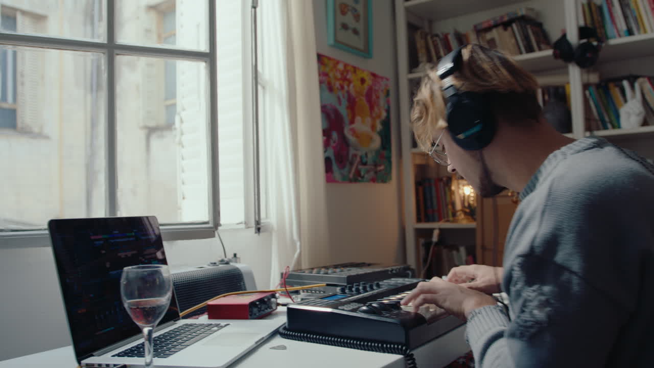 Young Man Vibing and Playing Synth at Home Music Studio