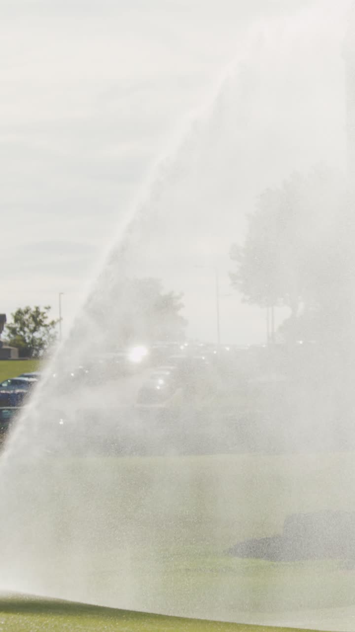 Un grande irrigatore spruzza acqua con un ampio arco su un green da golf in pieno giorno, con alberi e auto parcheggiate sullo sfondo.