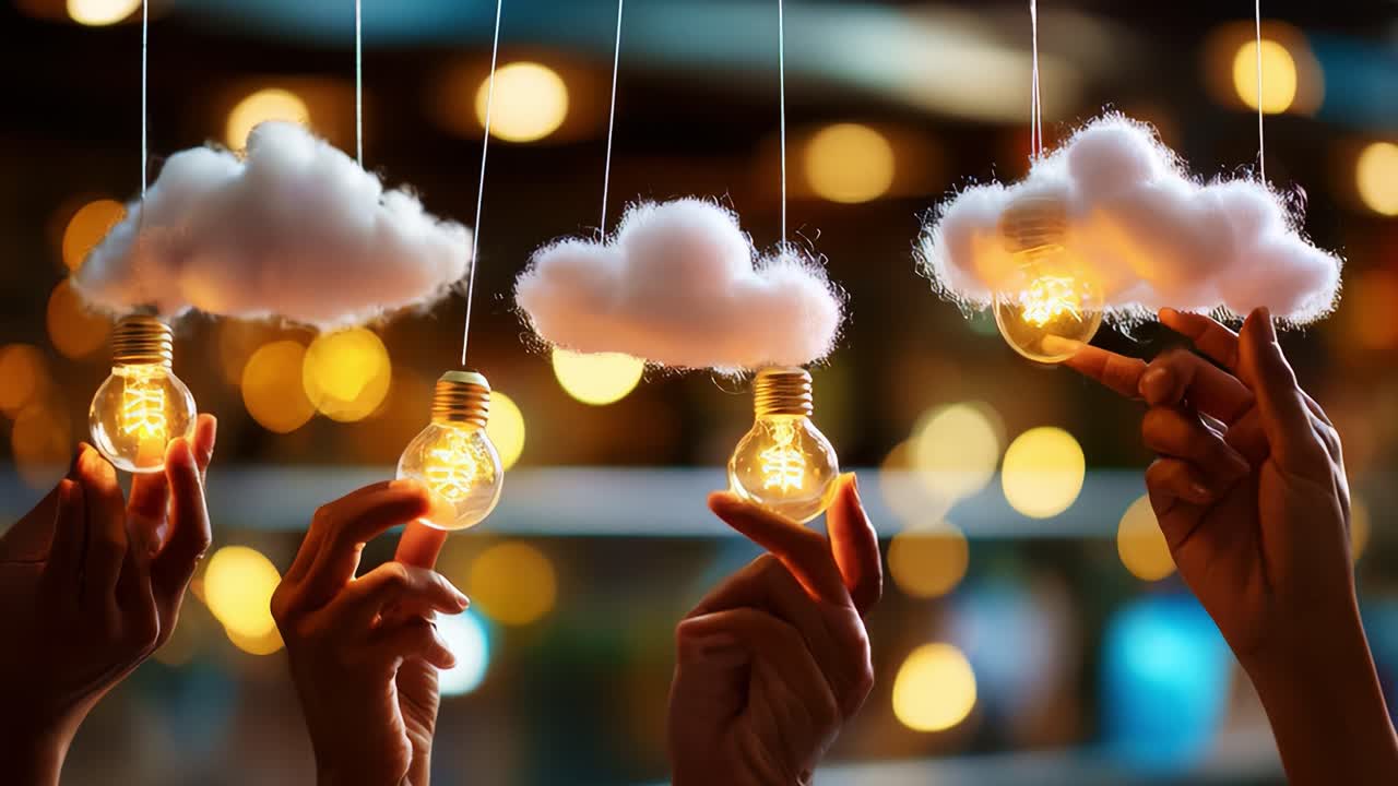 A Dreamy Atmosphere of Hanging Light Bulbs Surrounded by Fluffy Clouds Creates a Magical Scene of Warmth and Creativity, Illuminated by a Soft Background Glow
