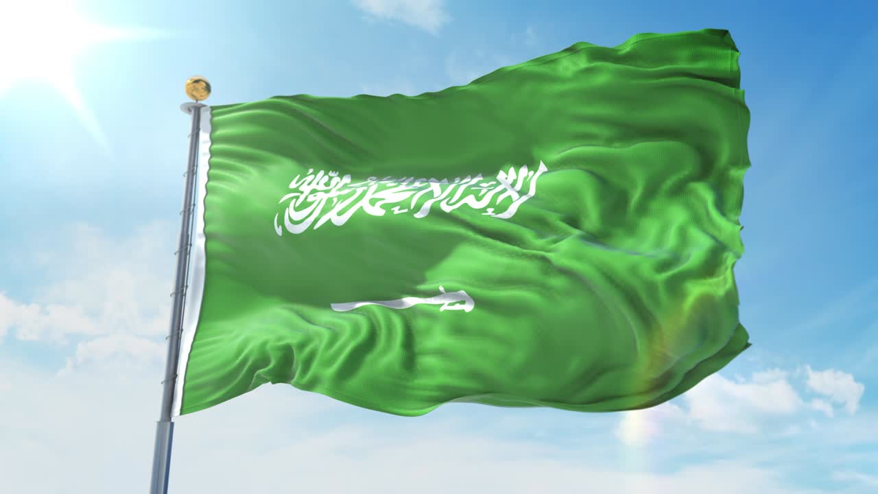 Bandiera dell'Arabia Saudita che sventola al vento contro un cielo blu intenso. Tema nazionale, concetto internazionale. Rendering 3D Loop continuo 4K