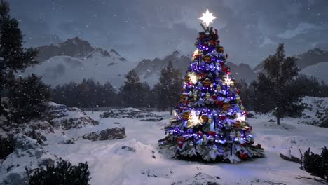 christmas tree with colorful light bulbs and christmas ornaments in a winter environment with pine trees and snow falling 3d animation camera dolly right
