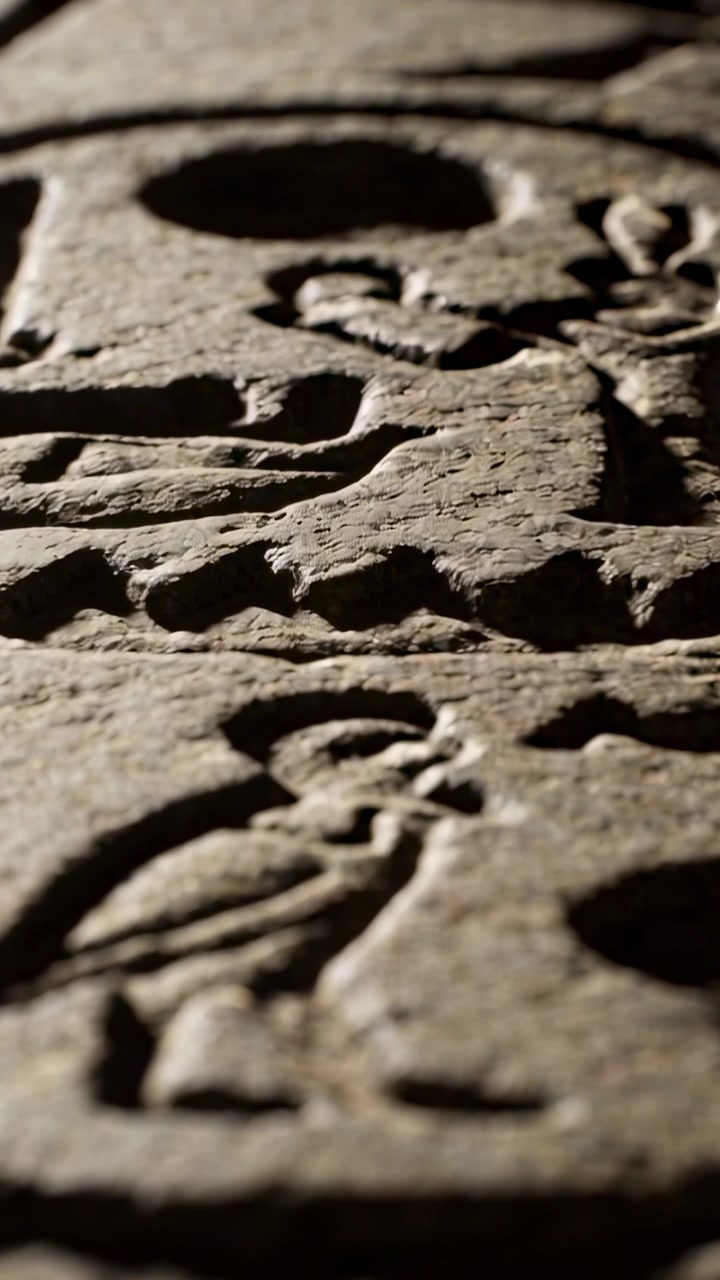 Vertikal video: Panorerende kamera over et udskåret panel på et museum, der afslører fuglemotiver og mejselmærker.