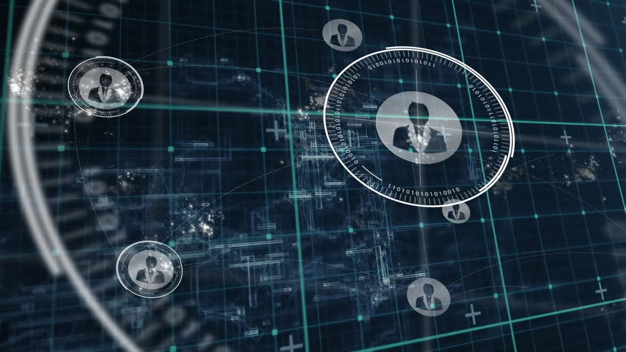 Central business profile icon floating above dark grid network, linking data nodes in flat design