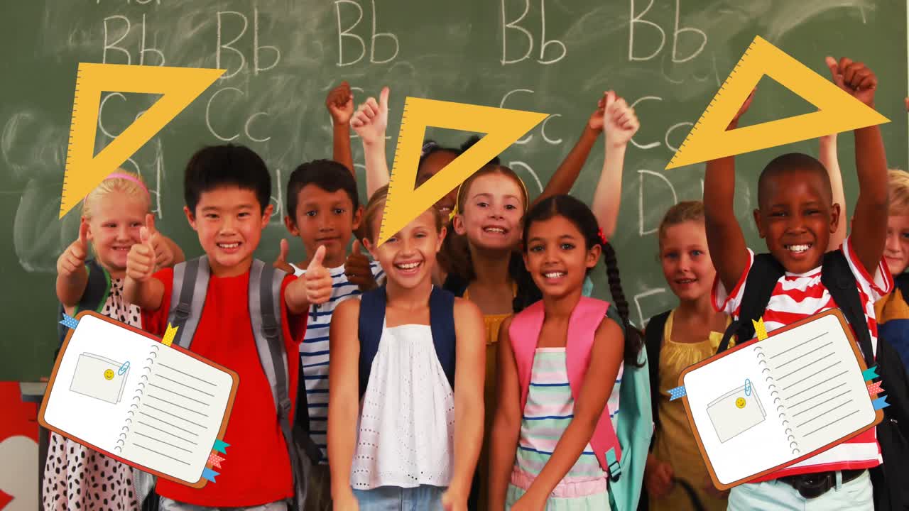 학교 아이템 아이콘의 애니메이션 행복한 학교 아이들이 엄지 손가락을 들고