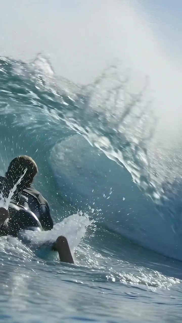 Video verticale: Surfista in muta che pagaia e si abbassa per evitare un'onda che si infrange sulla tavola in mare, con spazio per il testo.