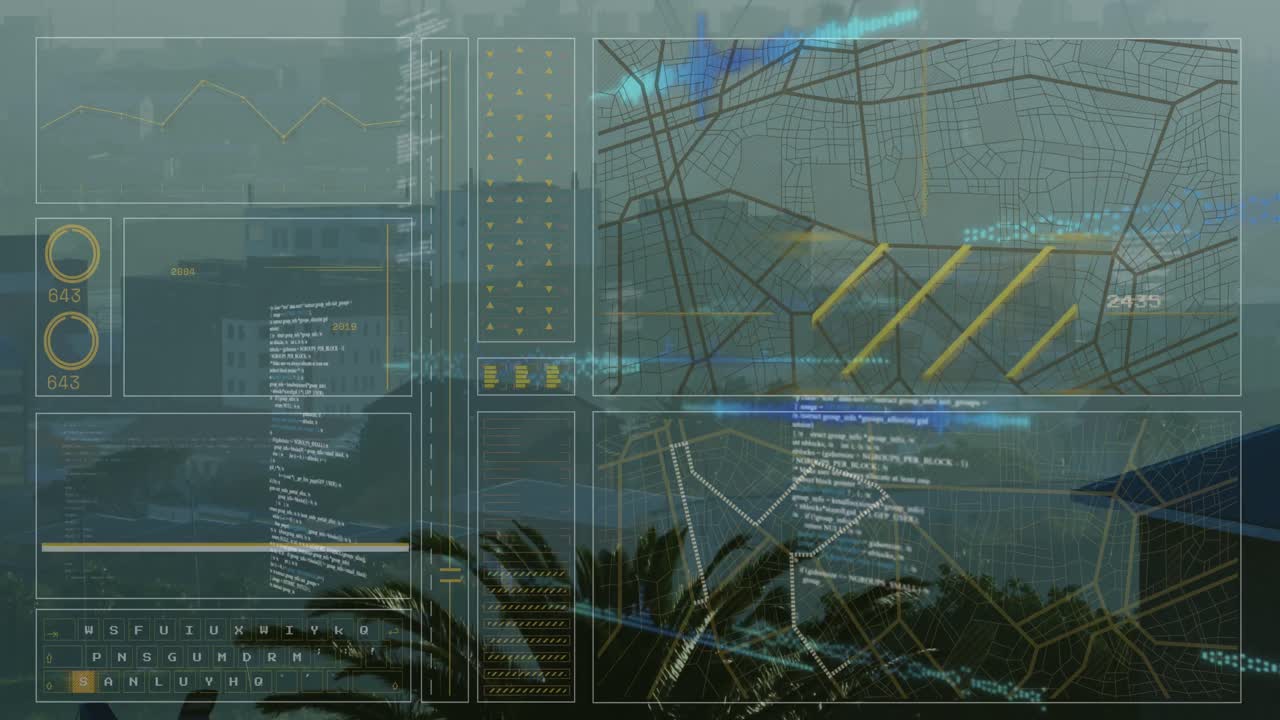 animazione dell'interfaccia con l'elaborazione dei dati rispetto alla vista aerea del paesaggio urbano