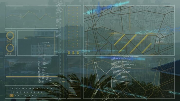 Animation of interface with data processing against aerial view of cityscape