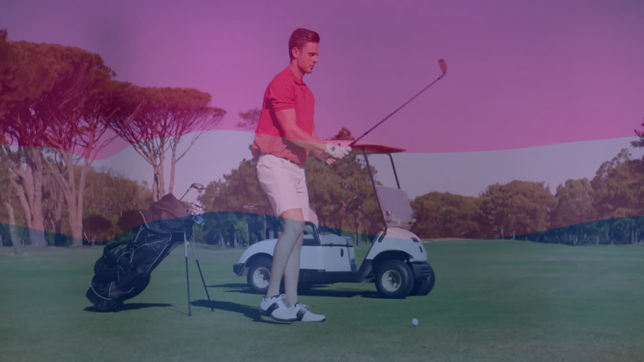 Golfer swinging club on fairway, with animated technology overlay showing swing analytics data