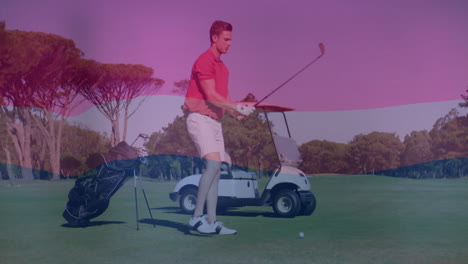 golfer swinging club on fairway, with animated technology overlay showing swing analytics data