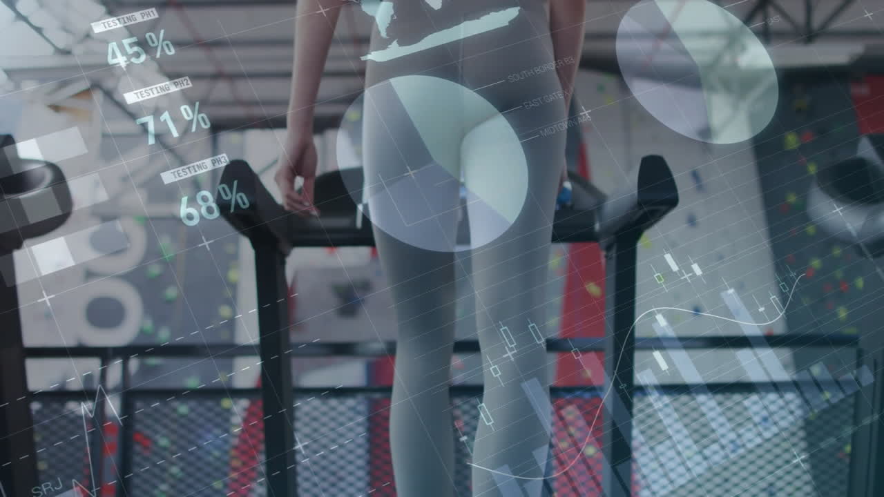 체육관에서 운동하는 여성에 대한 피트니스 데이터 및 성능 측정 애니메이션