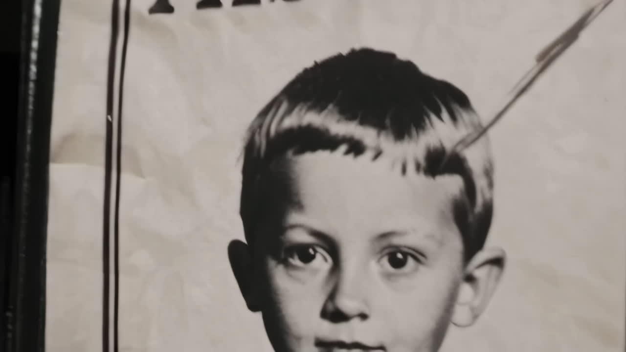 실종된 아이의 포스터와 자갈로 된 거리 풍경