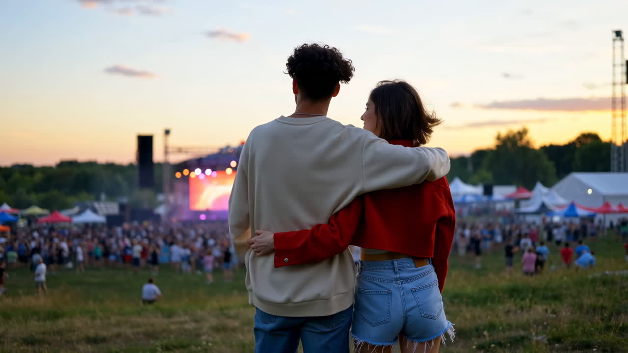 Par omfavner og nyder en musikfestival ved solnedgang