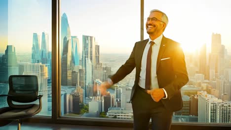 businessman celebrating success in a high-rise office