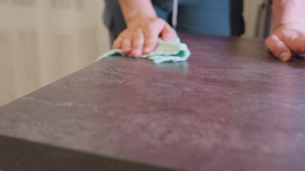Close up of person hands wiping dark surface with green cleaning cloth, focusing on movement and surface texture, partial view of refrigerator in background adds context to household task