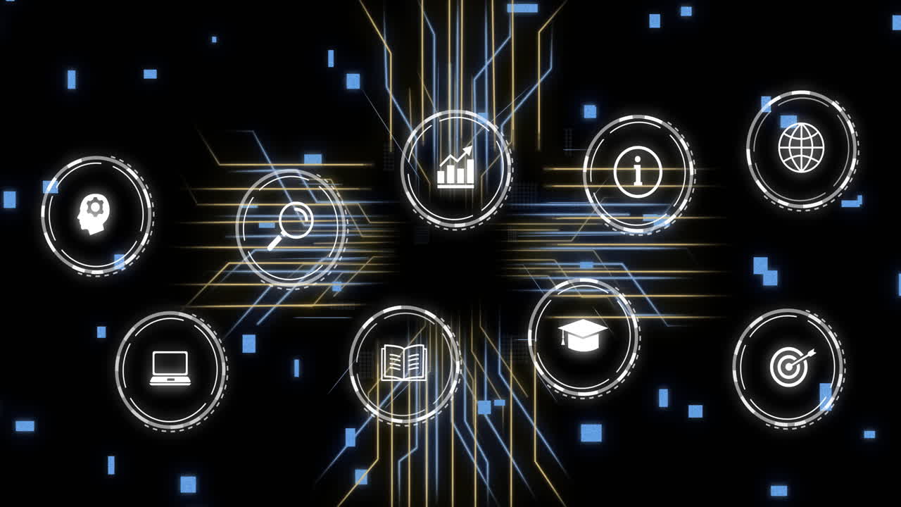 Icons representing various concepts with data processing animation over dark background