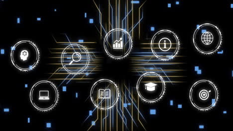 iconos que representan varios conceptos con animación de procesamiento de datos sobre un fondo oscuro