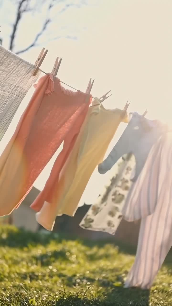 太陽に照らされ、温かさを感じさせる、物干しロープで乾かされているカラフルな服をローアングルで撮影した動画