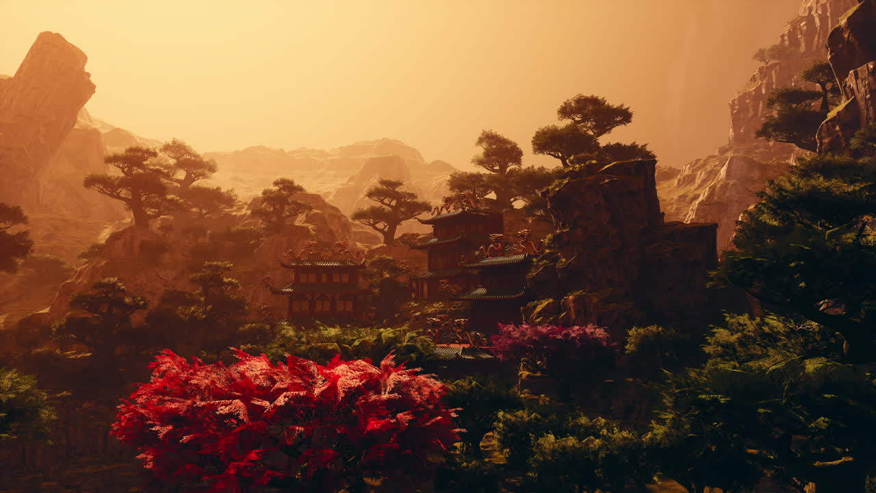 Serene asian temple nestled in majestic mountains at sunset