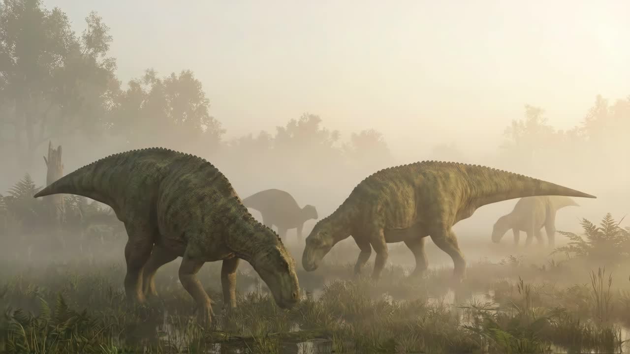 Dinosauri in un paesaggio nebbioso