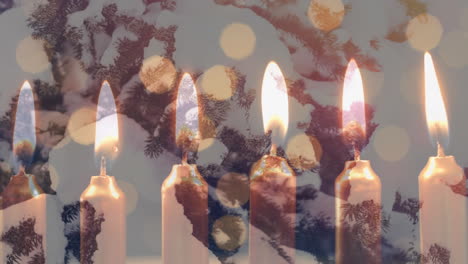 animación de velas encendidas, puntos parpadeantes de luz sobre el paisaje de invierno en el bosque