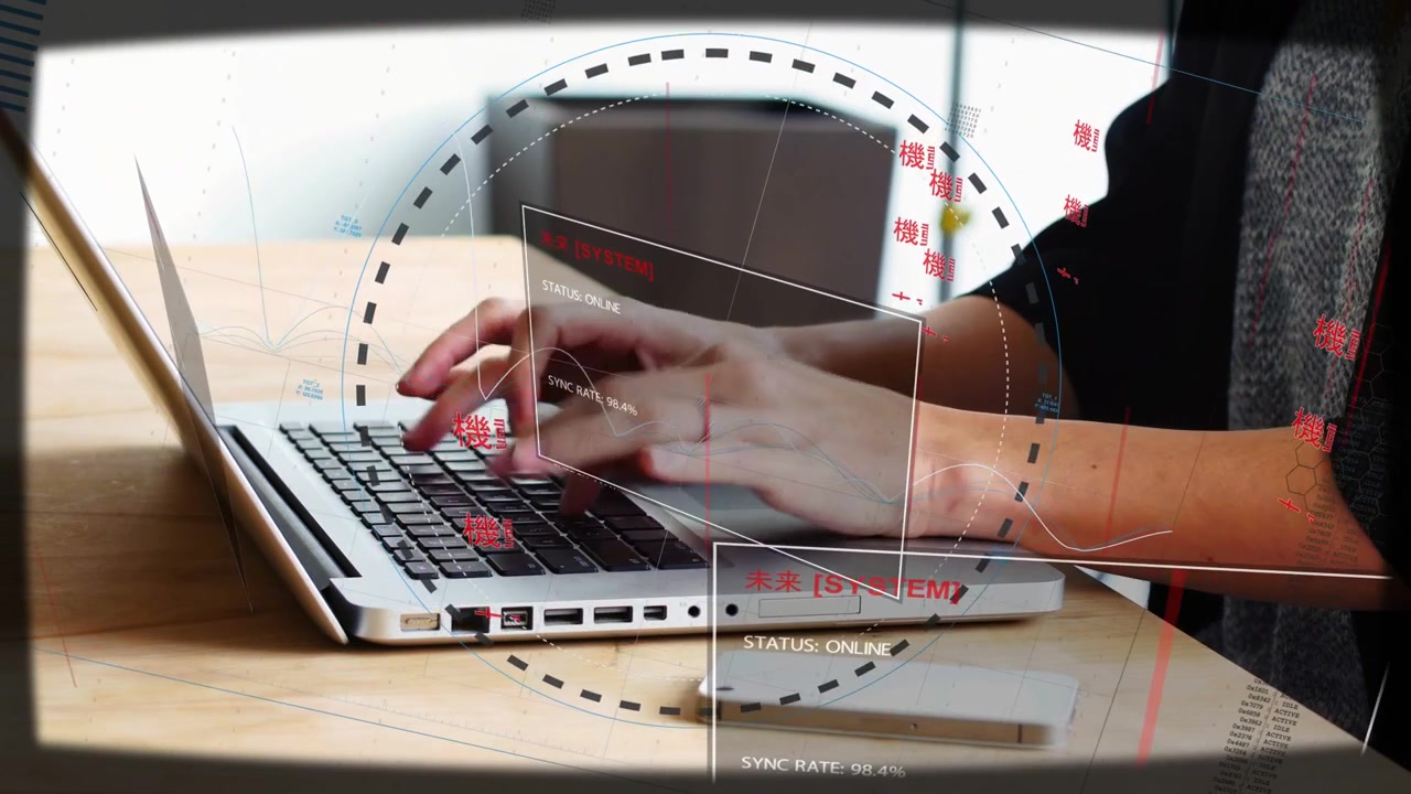 Woman hovering pressing keys and typing at desk HUD syncing tech visuals circling hands for data