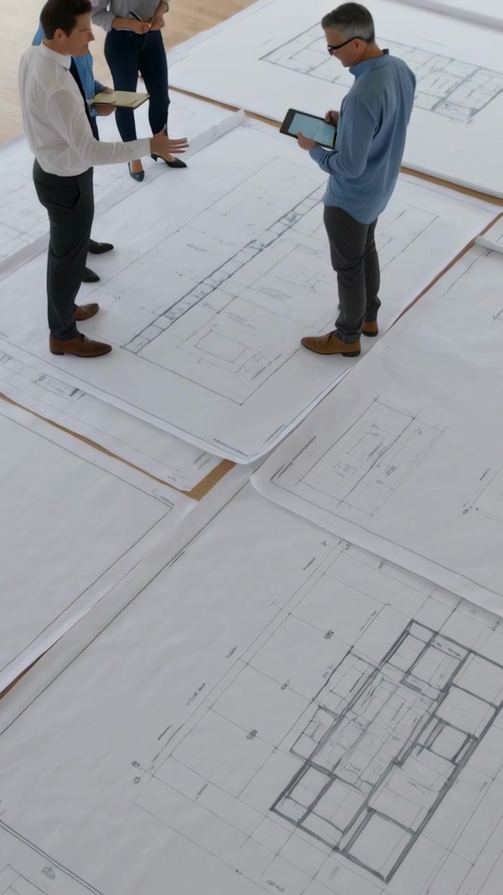Video verticale: Riunione attorno a dei progetti in studio, designer in camicia che esaminano un progetto con un tablet