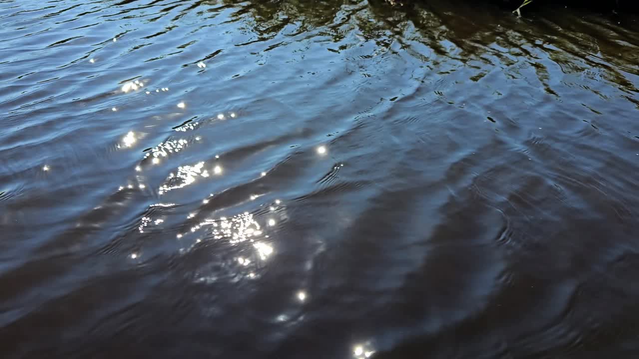 This footage shows smooth water flow or ripples in a canal. It also shows sunlight reflection on the surface.