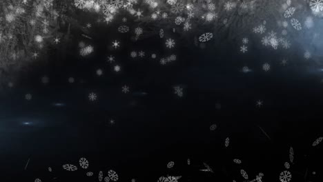 Schneeflocken-Symbole-Schweben-Vor-Lichtflecken-Vor-Schwarzem-Hintergrund