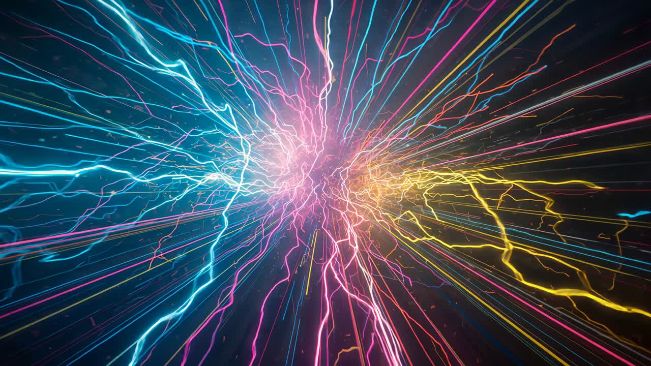 Colliding cyan and yellow streams sparking central nexus bursting, sending pink trails in dark void