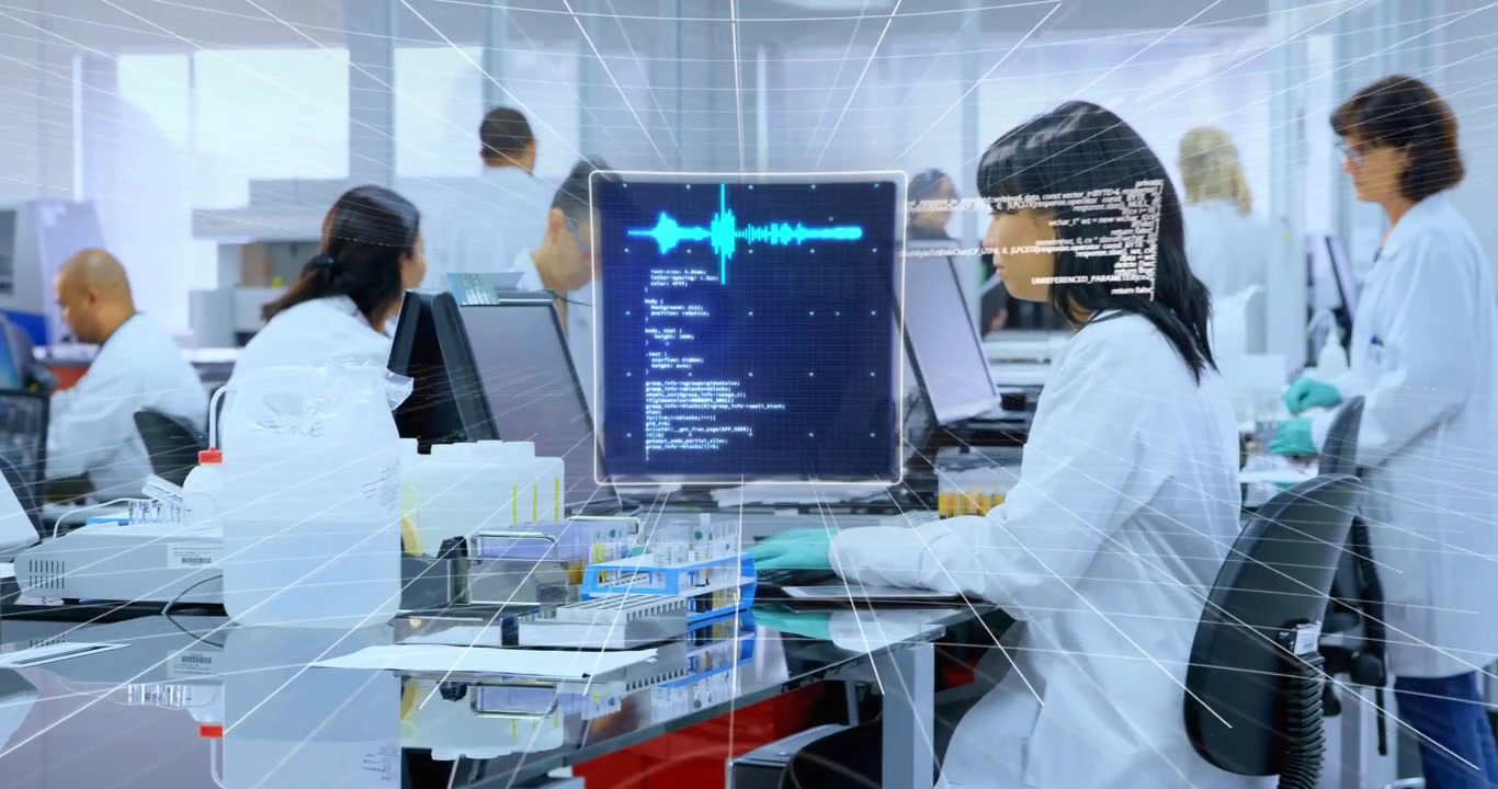 Animation of graphs, radars, map, computer language, diverse scientists working in laboratory