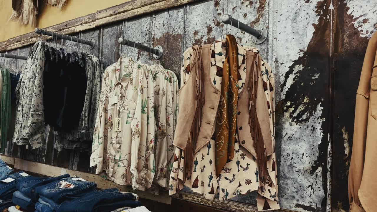 카우보이 스타일 셔츠와 프린지 장식이 있는 스웨이드 조끼가 러스틱 메탈 벽 디스플레이에 걸려 있어요