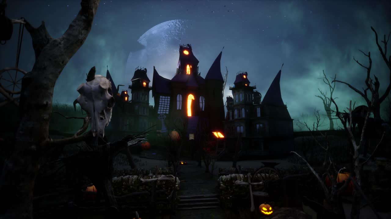 박와 호박을 가진 할로윈 유령의 집, 무서운 달 아래 영화 비디오 애니메이션 배경