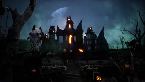 halloween haunted house with bats, and pumpkins under scary moon cinematic video animation background