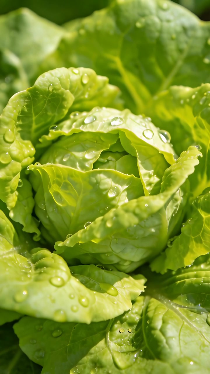 Vertical video: Pushing camera revealing central cabbage plant in garden to highlight dewy leaves