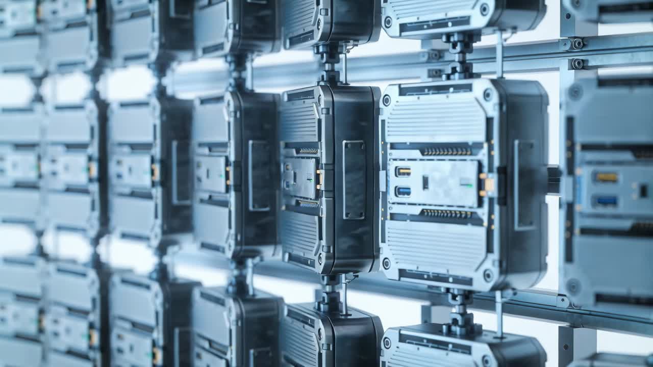 Sliding camera revealing array of modular metal units in lab for demo, exposing connectors and PCB
