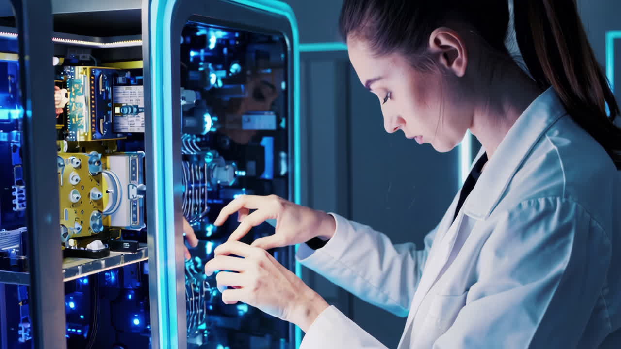 Female Scientist Working in a Futuristic Technology Lab