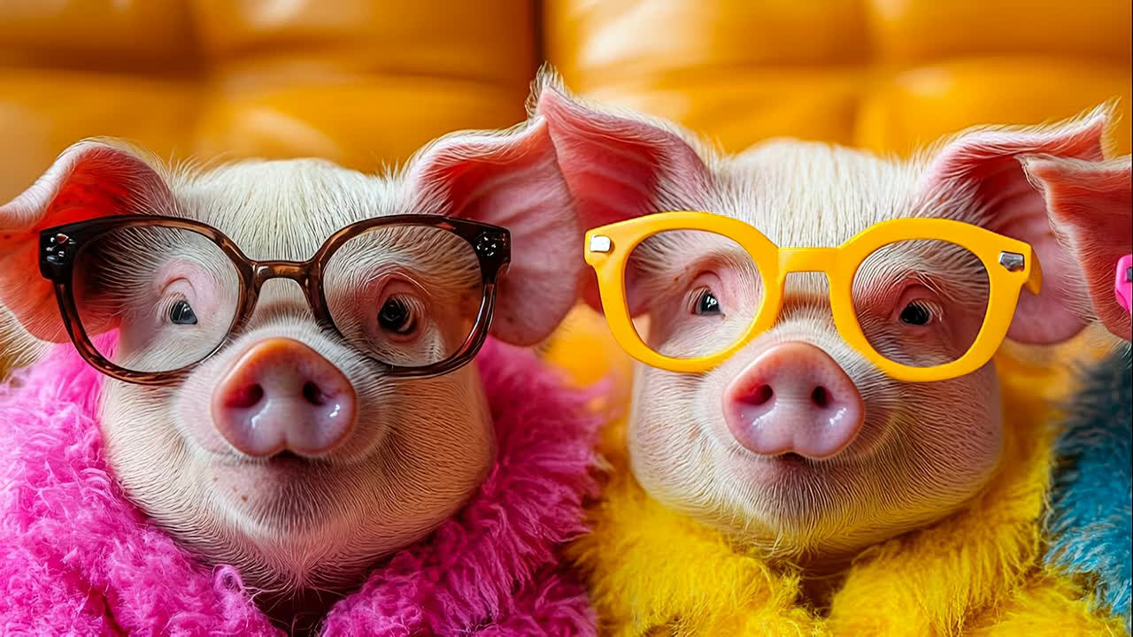Babi berkacamata dalam balutan sweater. Dua babi duduk berdampingan sambil mengenakan kacamata dan sweater berwarna-warni. Mereka tampak berada di ruang dalam ruangan yang nyaman.