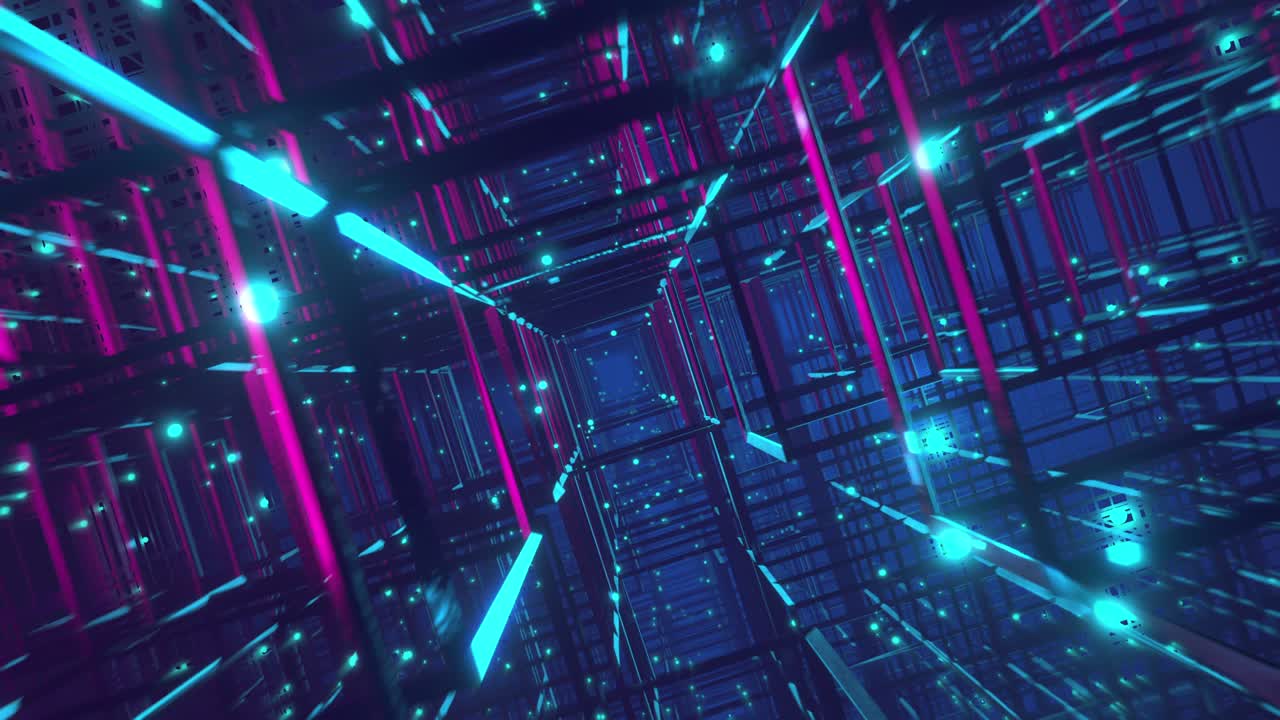 volando a través de la jaula de túnel de ciencia ficción de neón y el bucle de construcción de metal vj