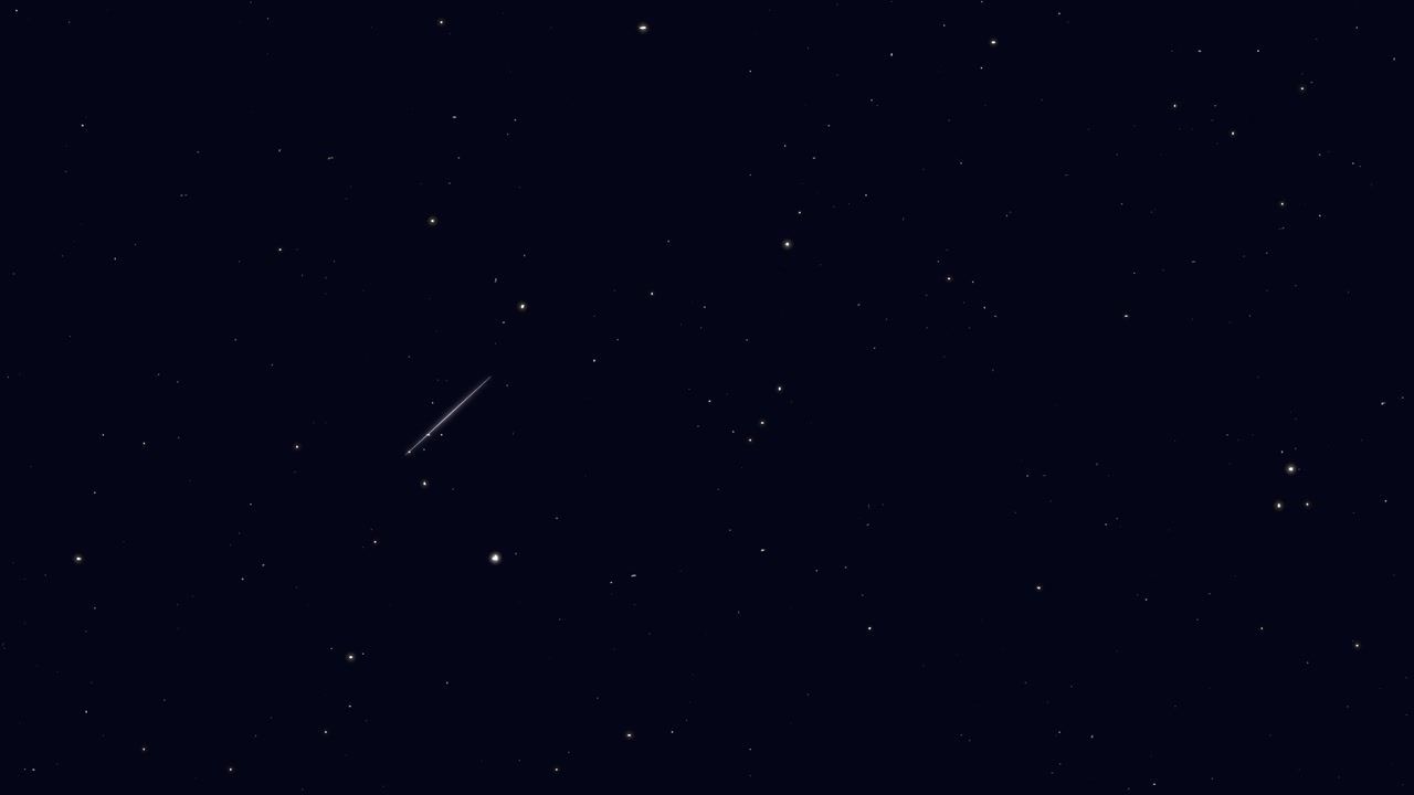 Cielo notturno pieno di stelle e una brillante stella cadente che attraversa uno sfondo spaziale blu scuro, ideale per l'astronomia, i desideri e concetti cinematografici onirici.