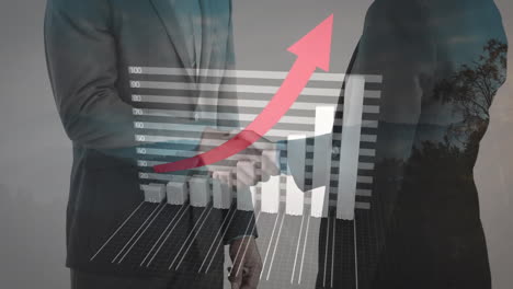 statistical data processing against mid section of businessman and businesswoman shaking hands