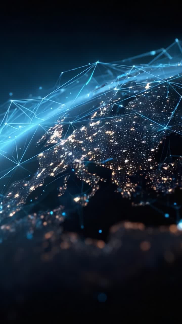 A Stunning 3D Visualization of Earth Highlighting Global Connectivity with Bright Lights and Network Connections Against a Dark Background