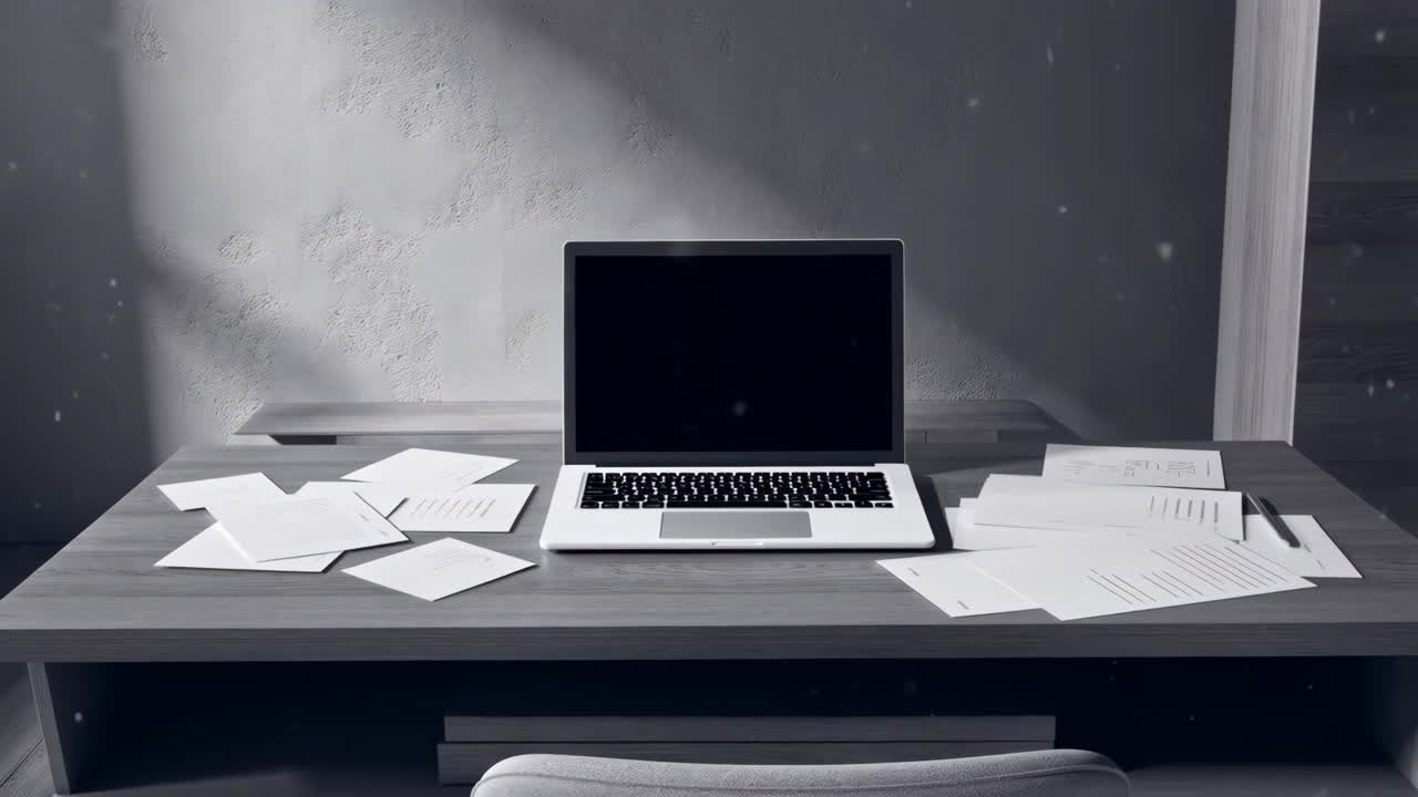 Empty Workspace with Laptop and Papers on a Desk