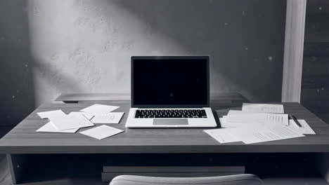 empty workspace with laptop and papers on a desk