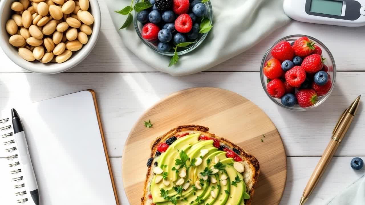 Healthy breakfast spread featuring avocado toast topped with slices, surrounded by fresh berries, nuts, and a notebook, creating a vibrant and inviting morning meal scene