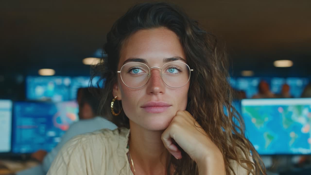 Donna riflessiva in un ambiente di lavoro moderno, immersa nei suoi pensieri tra schermi digitali e colleghi in uno spazio collaborativo