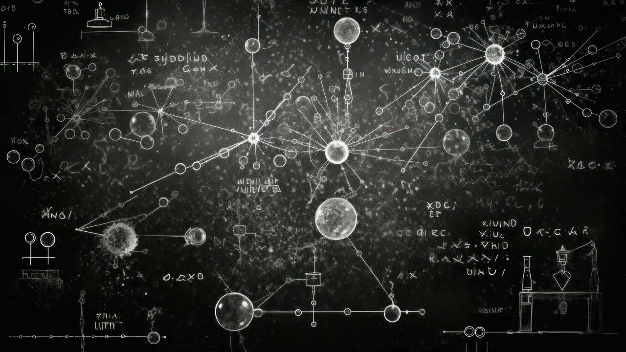 Dimly lit classroom with a side-angle view of a chalkboard filled with scientific diagrams